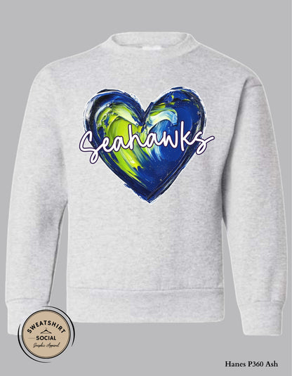 Seahawks Heart Shirt for Kids – Blue & Green Painted Design (Infant–Youth Sizes)