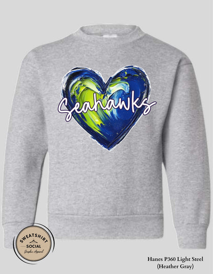 Seahawks Heart Shirt for Kids – Blue & Green Painted Design (Infant–Youth Sizes)