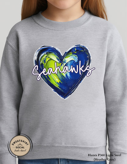 Seahawks Heart Shirt for Kids – Blue & Green Painted Design (Infant–Youth Sizes)