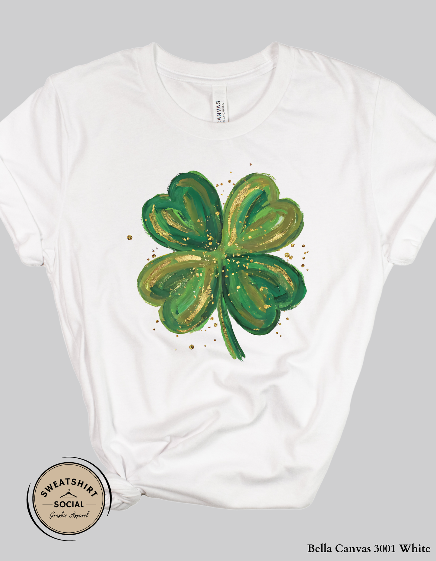 Gold Brushstroke Shamrock T-Shirt or Sweatshirt – Artistic St. Patrick’s Day Clover Graphic (Adult Sizes S–2XL)