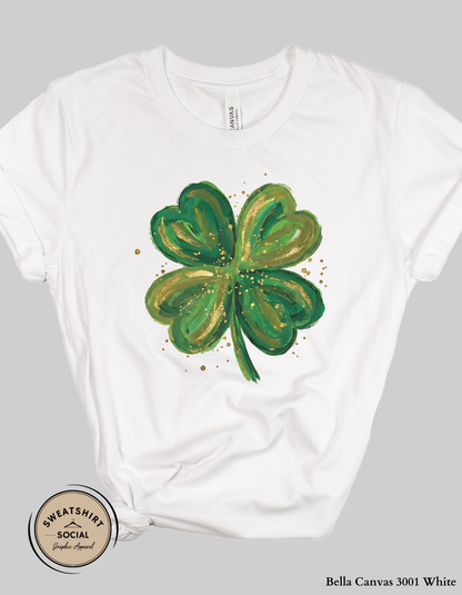 Gold Brushstroke Shamrock T-Shirt or Sweatshirt – Artistic St. Patrick’s Day Clover Graphic (Adult Sizes S–2XL)