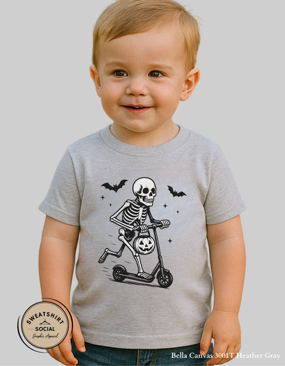 Kids Skeleton on Scooter Halloween Shirt – Spooky Trick-or-Treat Tee or Sweatshirt (Youth & Toddler Sizes)