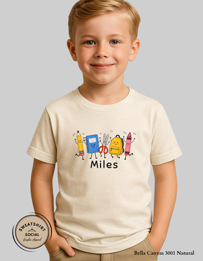 Custom School Supplies Kids Shirt – Personalized Back to School Tee with Your Text (Toddlers & Youth Sizes)