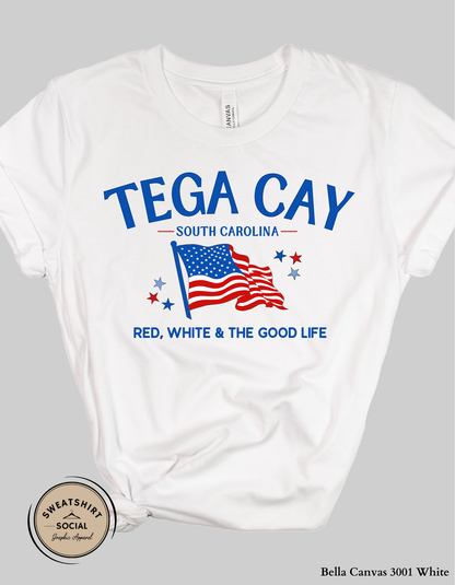 Tega Cay Red, White & The Good Life Patriotic Graphic Tee – South Carolina Fourth of July Shirt, Local Lake Life Americana Tee (Adult Sizes S–2XL)