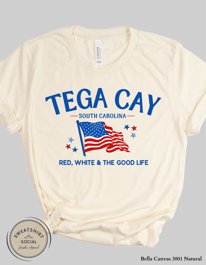 Tega Cay Red, White & The Good Life Patriotic Graphic Tee – South Carolina Fourth of July Shirt, Local Lake Life Americana Tee (Adult Sizes S–2XL)