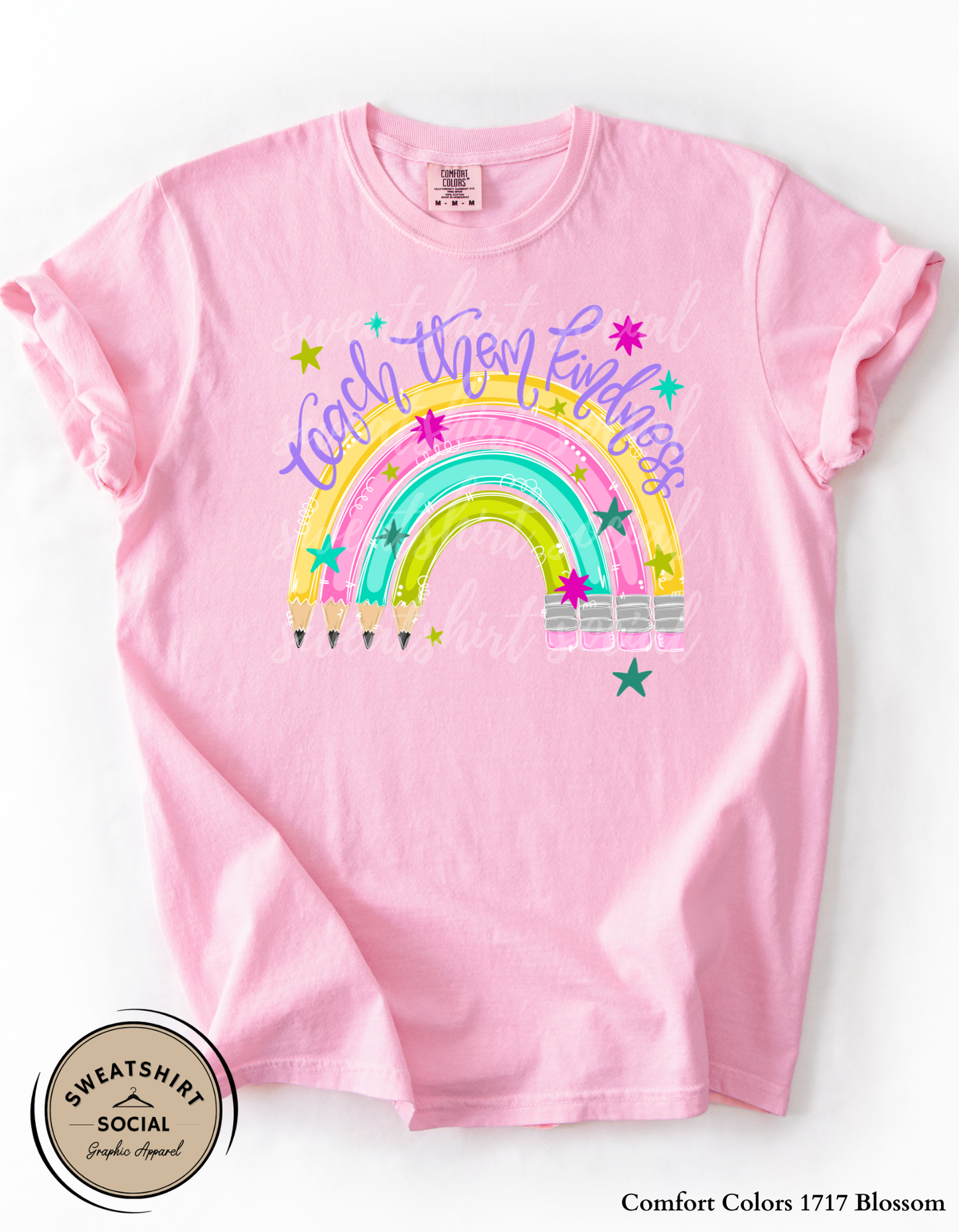 Teach Them Kindness Rainbow Graphic Tee – Colorful Teacher Shirt (Adult Sizes S–3XL)