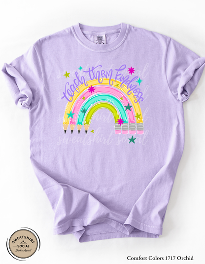 Teach Them Kindness Rainbow Graphic Tee – Colorful Teacher Shirt (Adult Sizes S–3XL)