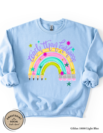 Teach Them Kindness Rainbow Graphic Tee – Colorful Teacher Shirt (Adult Sizes S–3XL)