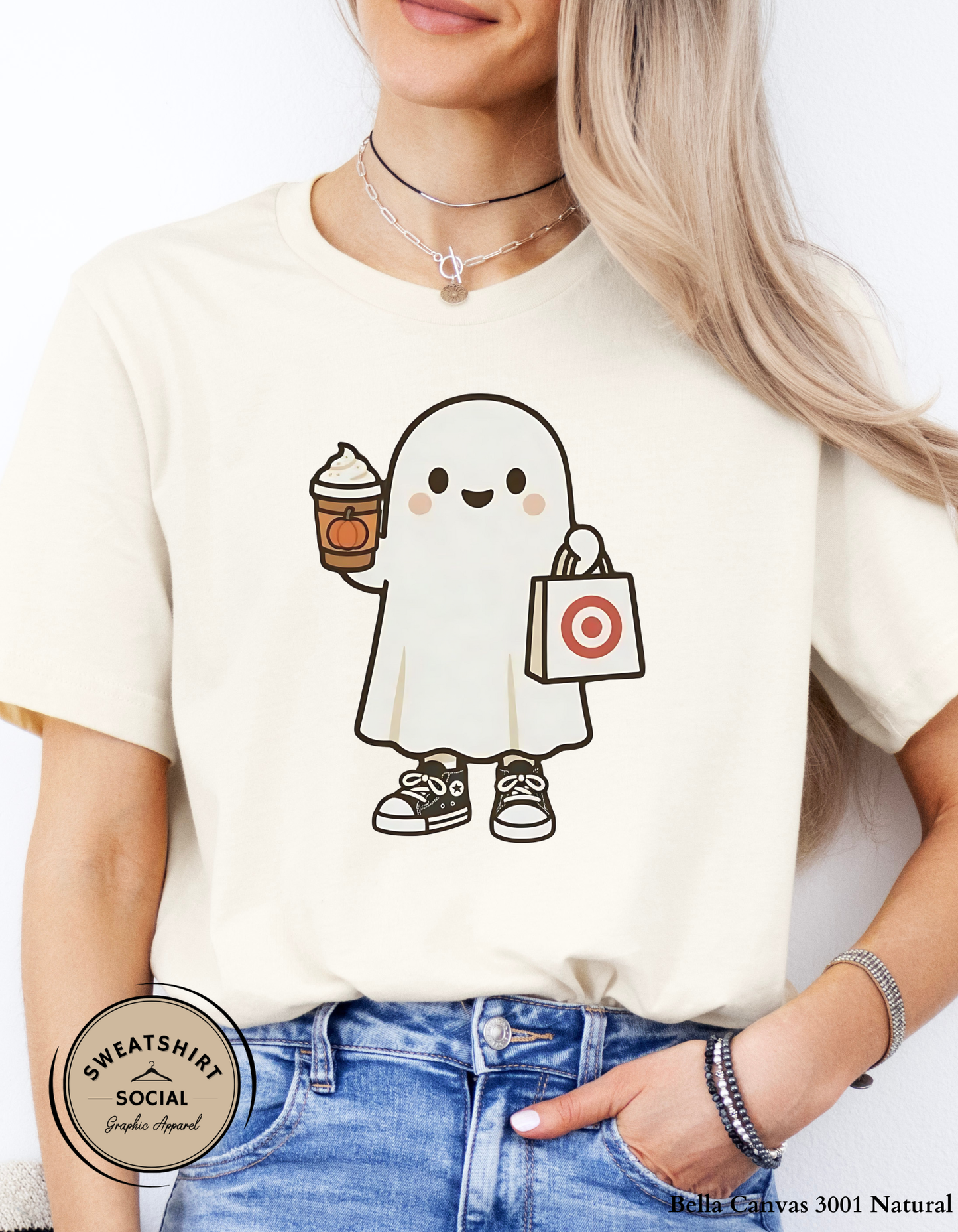 Adult Shopping Ghost Halloween Shirt – Pumpkin Spice Coffee & Target Run Tee (Unisex S–2XL)