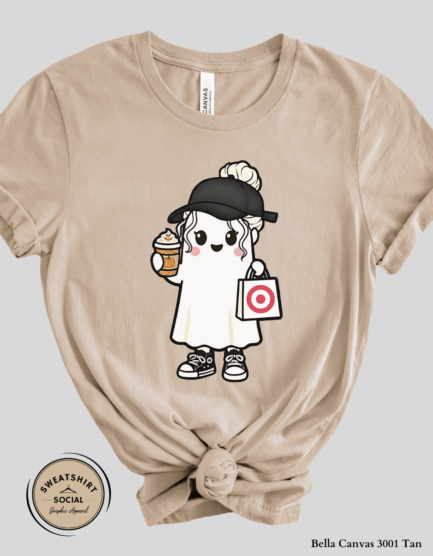 Trendy Halloween Ghost with Coffee Shirt – Fall Shopping and Coffee Tee or Sweatshirt (Adult Sizes S–2XL)
