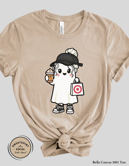 Trendy Halloween Ghost with Coffee Shirt – Fall Shopping and Coffee Tee or Sweatshirt (Adult Sizes S–2XL)