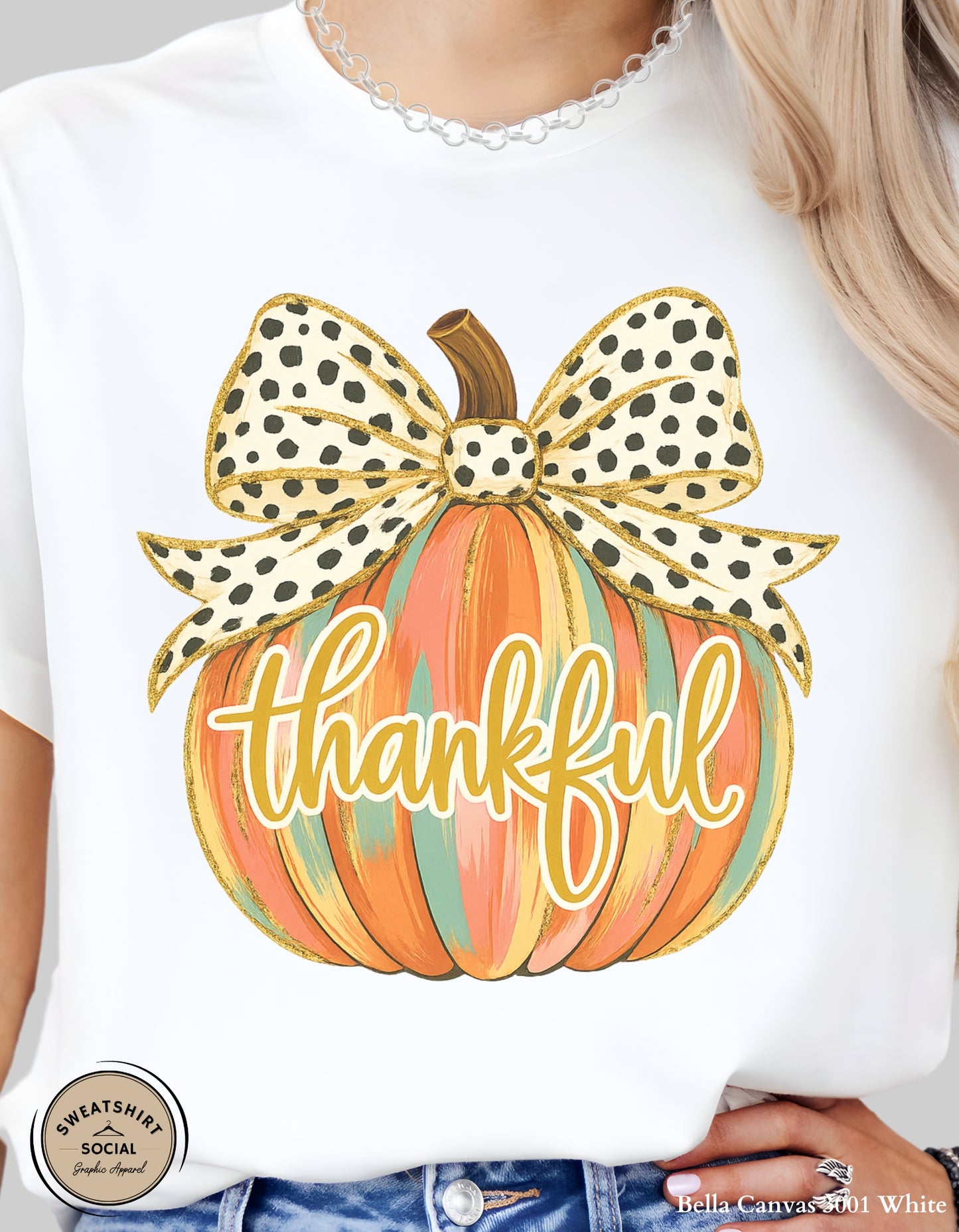 Thankful Polka Dot Bow Pumpkin Shirt – Fall Thanksgiving Tee (Adult Sizes S–2XL)
