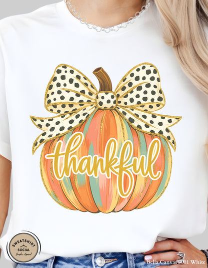 Thankful Polka Dot Bow Pumpkin Shirt – Fall Thanksgiving Tee (Adult Sizes S–2XL)