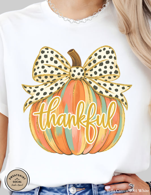 Thankful Polka Dot Bow Pumpkin Shirt – Fall Thanksgiving Tee (Adult Sizes S–2XL)