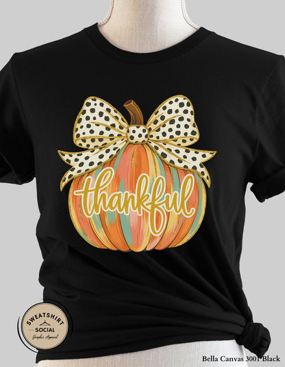 Thankful Polka Dot Bow Pumpkin Shirt – Fall Thanksgiving Tee (Adult Sizes S–2XL)