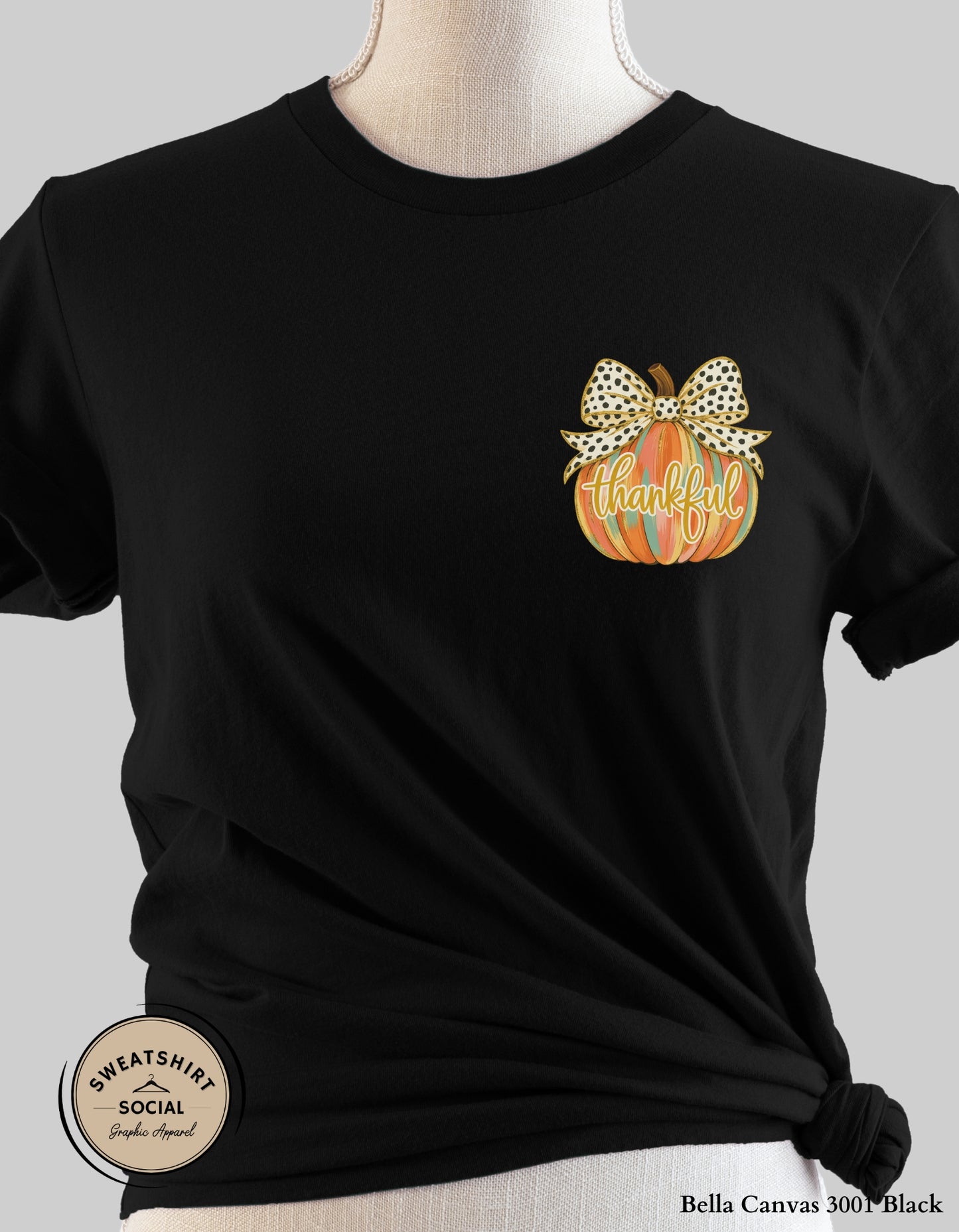 Thankful Polka Dot Bow Pumpkin Shirt – Fall Thanksgiving Tee (Adult Sizes S–2XL)