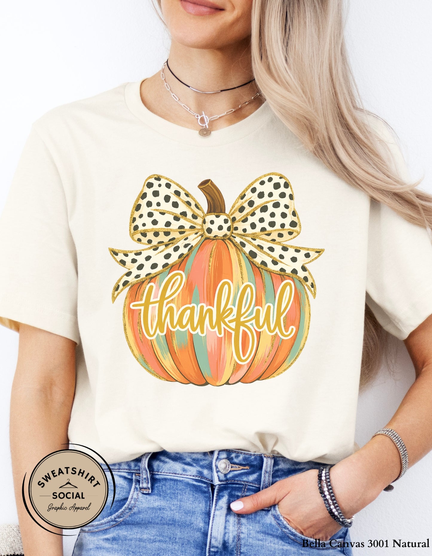 Thankful Polka Dot Bow Pumpkin Shirt – Fall Thanksgiving Tee (Adult Sizes S–2XL)
