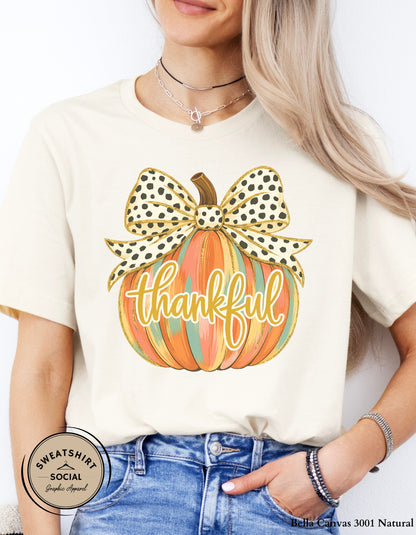 Thankful Polka Dot Bow Pumpkin Shirt – Fall Thanksgiving Tee (Adult Sizes S–2XL)