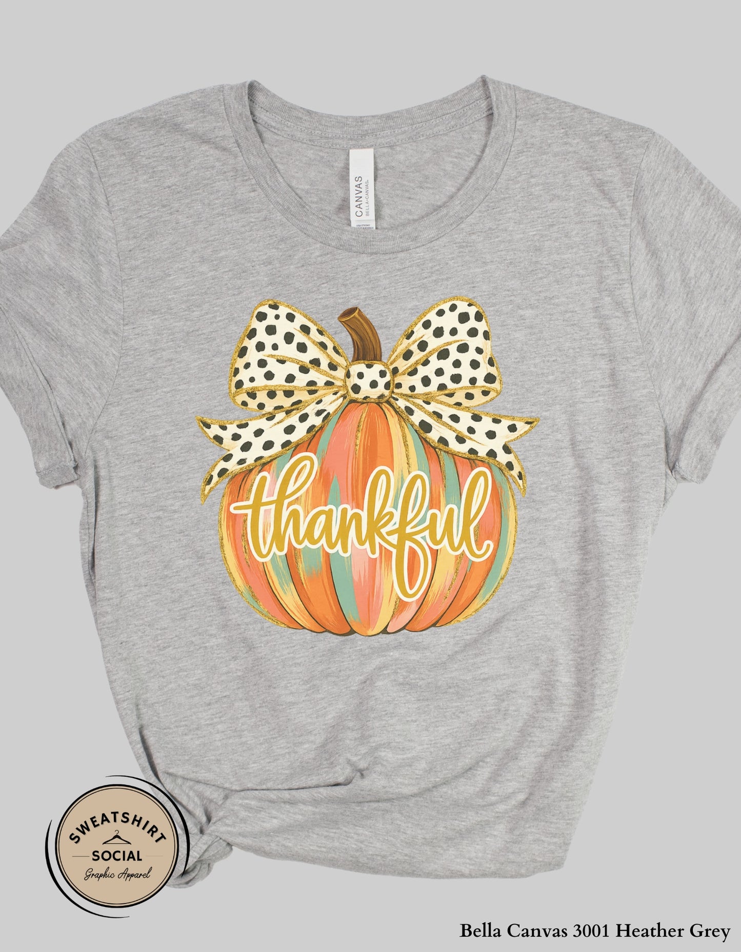 Thankful Polka Dot Bow Pumpkin Shirt – Fall Thanksgiving Tee (Adult Sizes S–2XL)