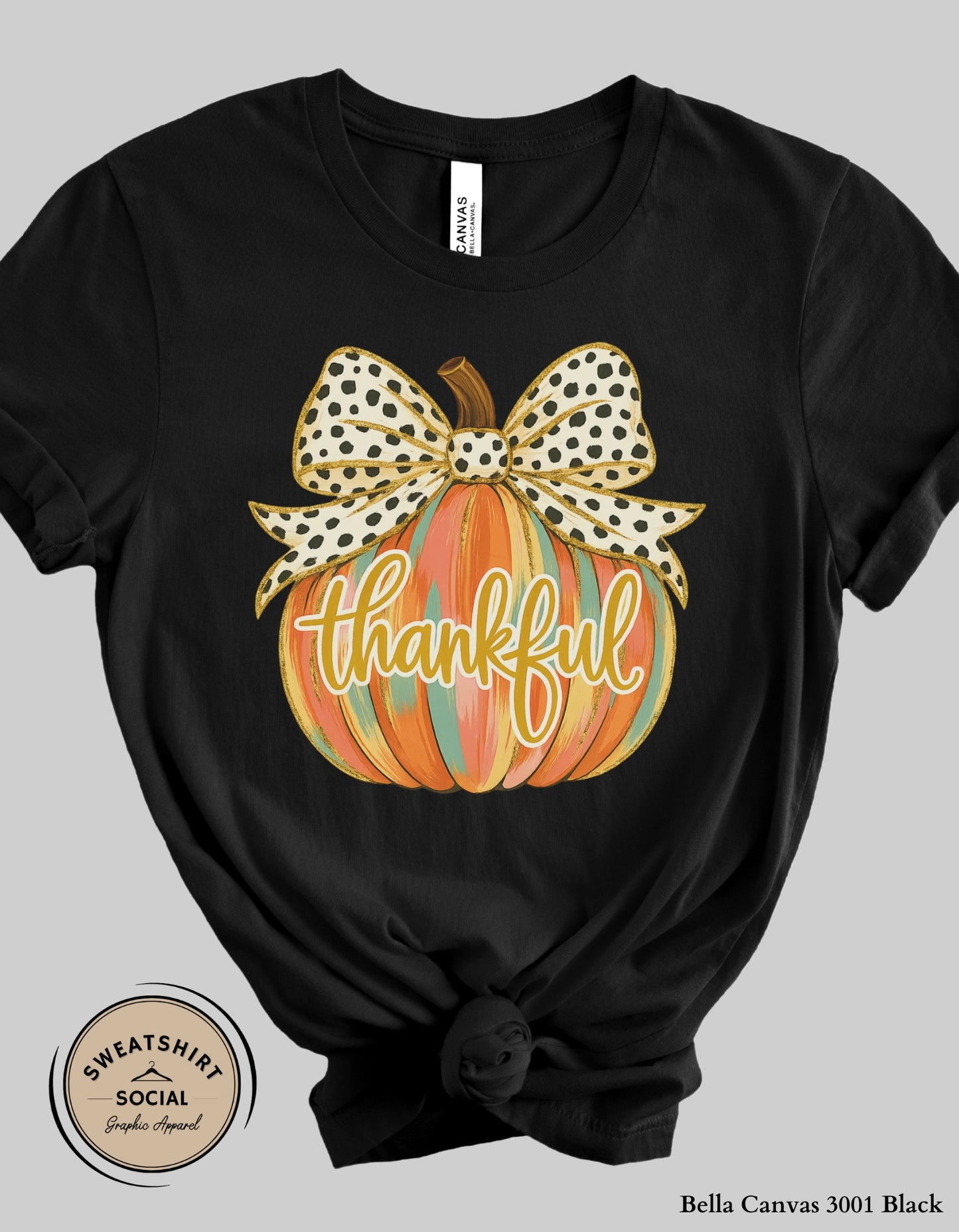 Thankful Polka Dot Bow Pumpkin Shirt – Fall Thanksgiving Tee (Adult Sizes S–2XL)