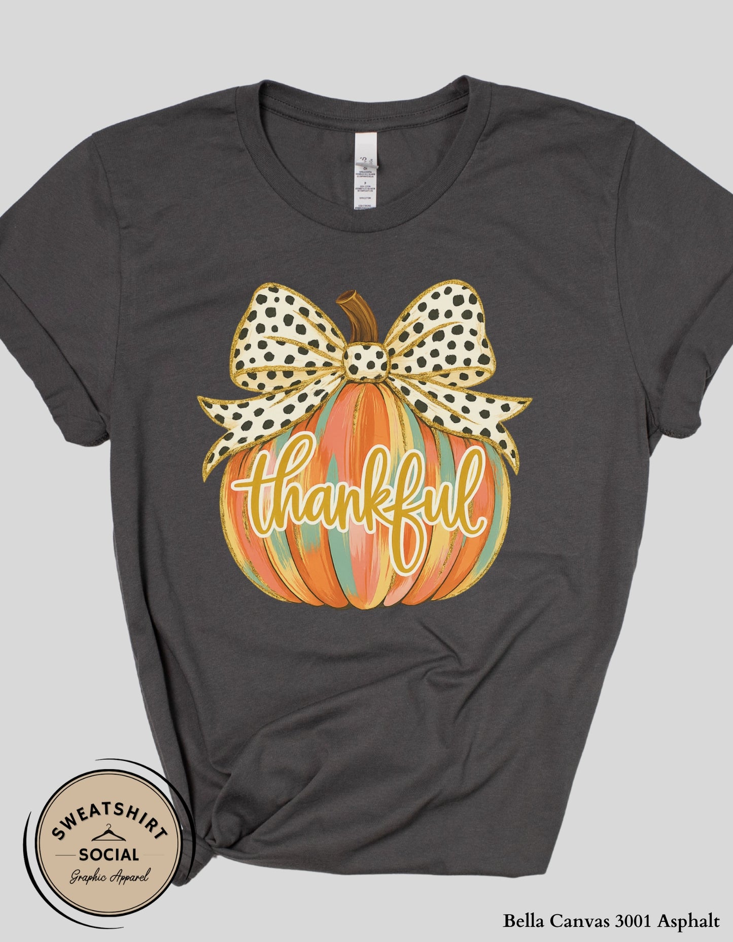 Thankful Polka Dot Bow Pumpkin Shirt – Fall Thanksgiving Tee (Adult Sizes S–2XL)