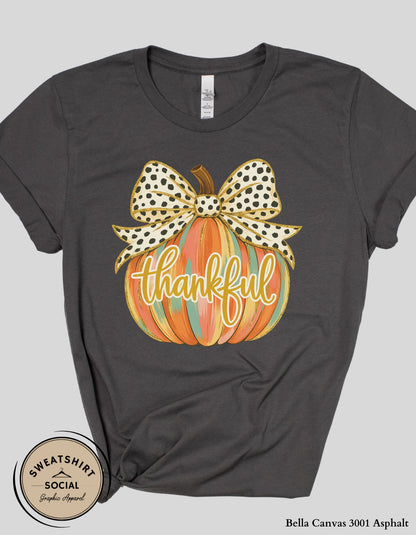 Thankful Polka Dot Bow Pumpkin Shirt – Fall Thanksgiving Tee (Adult Sizes S–2XL)
