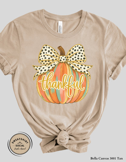 Thankful Polka Dot Bow Pumpkin Shirt – Fall Thanksgiving Tee (Adult Sizes S–2XL)