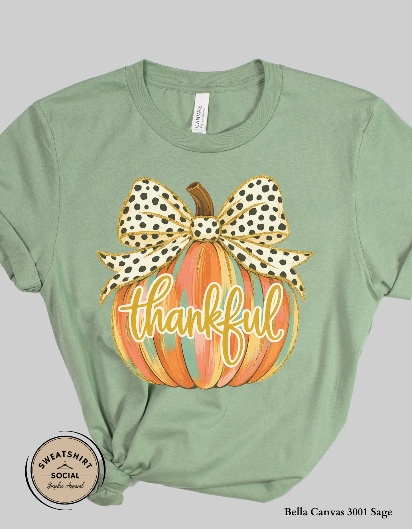 Thankful Polka Dot Bow Pumpkin Shirt – Fall Thanksgiving Tee (Adult Sizes S–2XL)