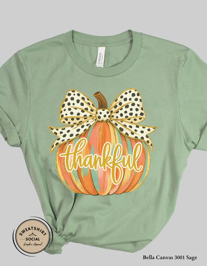 Thankful Polka Dot Bow Pumpkin Shirt – Fall Thanksgiving Tee (Adult Sizes S–2XL)