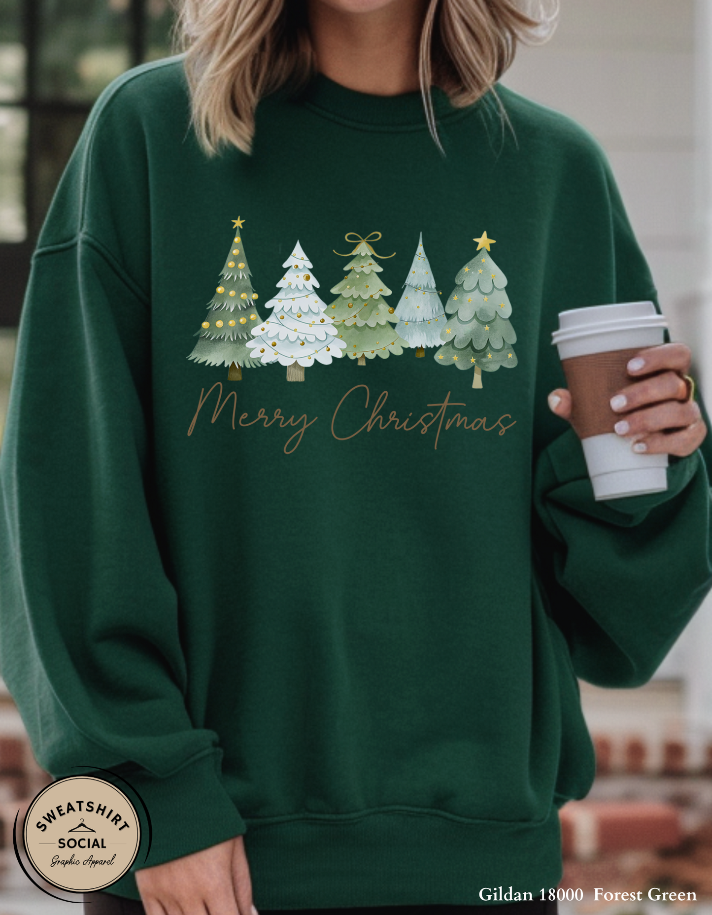 Merry Christmas Tree Lineup T-Shirt or Sweatshirt – Cozy Holiday Design (Adult Sizes S–2XL)