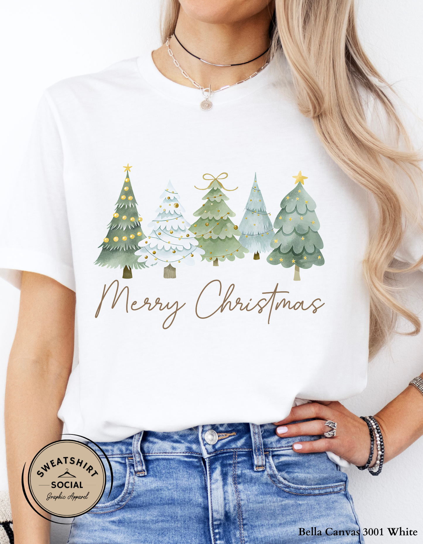 Merry Christmas Tree Lineup T-Shirt or Sweatshirt – Cozy Holiday Design (Adult Sizes S–2XL)