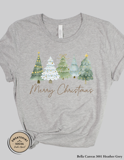 Merry Christmas Tree Lineup T-Shirt or Sweatshirt – Cozy Holiday Design (Adult Sizes S–2XL)