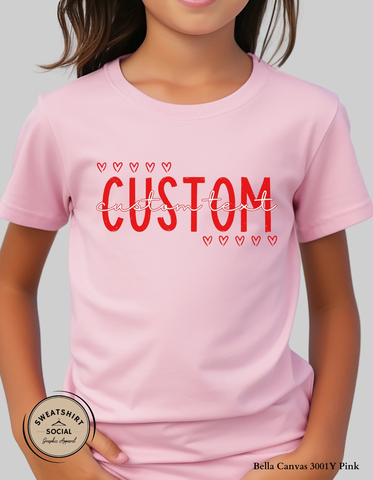Custom Valentine Name T-Shirt or Sweatshirt for Kids – Personalized Heart Text Design (Infant–Youth Sizes)