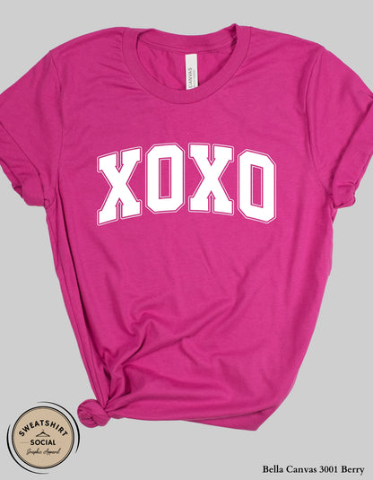 XOXO Valentine Sweatshirt or T-Shirt – Varsity Love Graphic (Adult Sizes S–2XL)